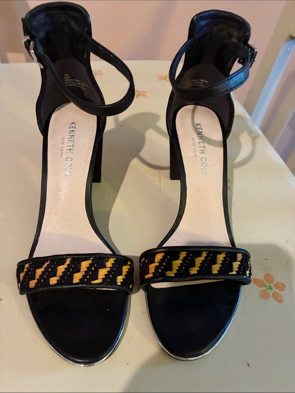 Kenneth Cole Black Heeled Sandals with Yellow Woven Toe Strap
